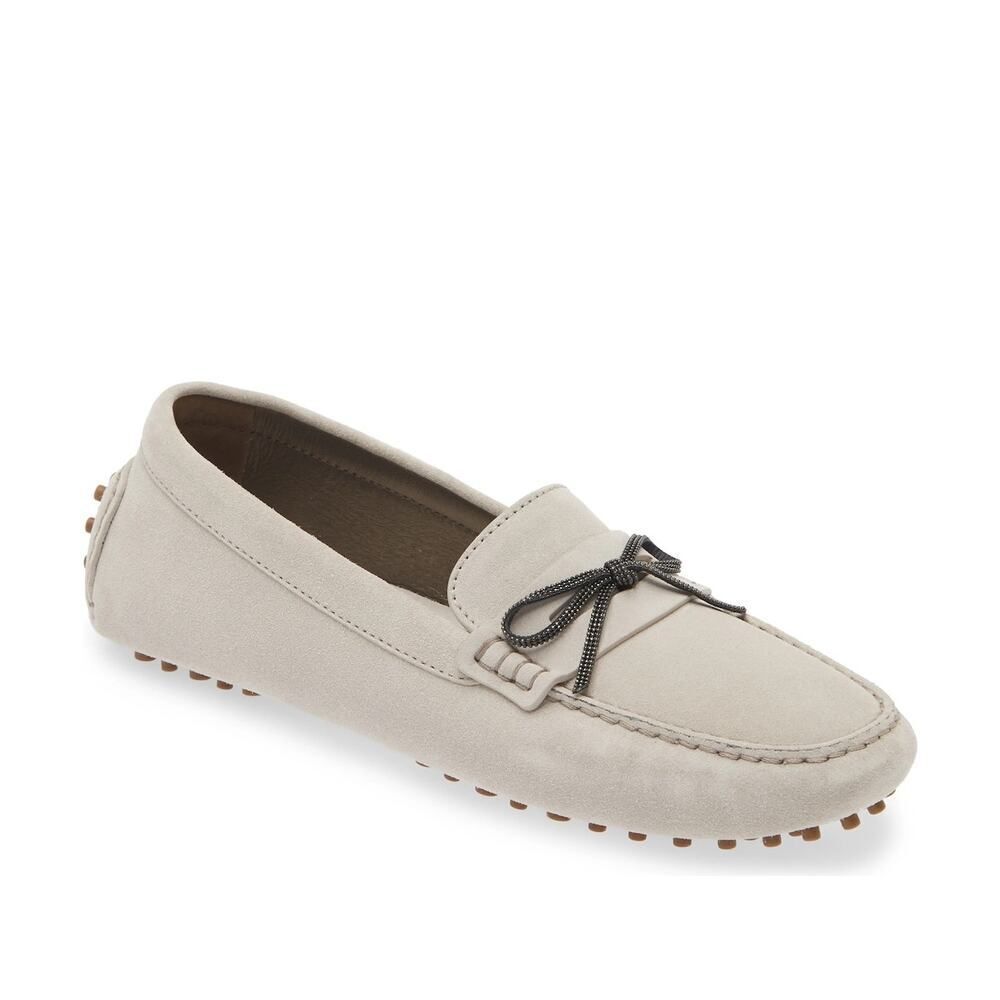 Brunello Cucinelli Monili embellished Suede Moccasins Loafers Stone 36.5